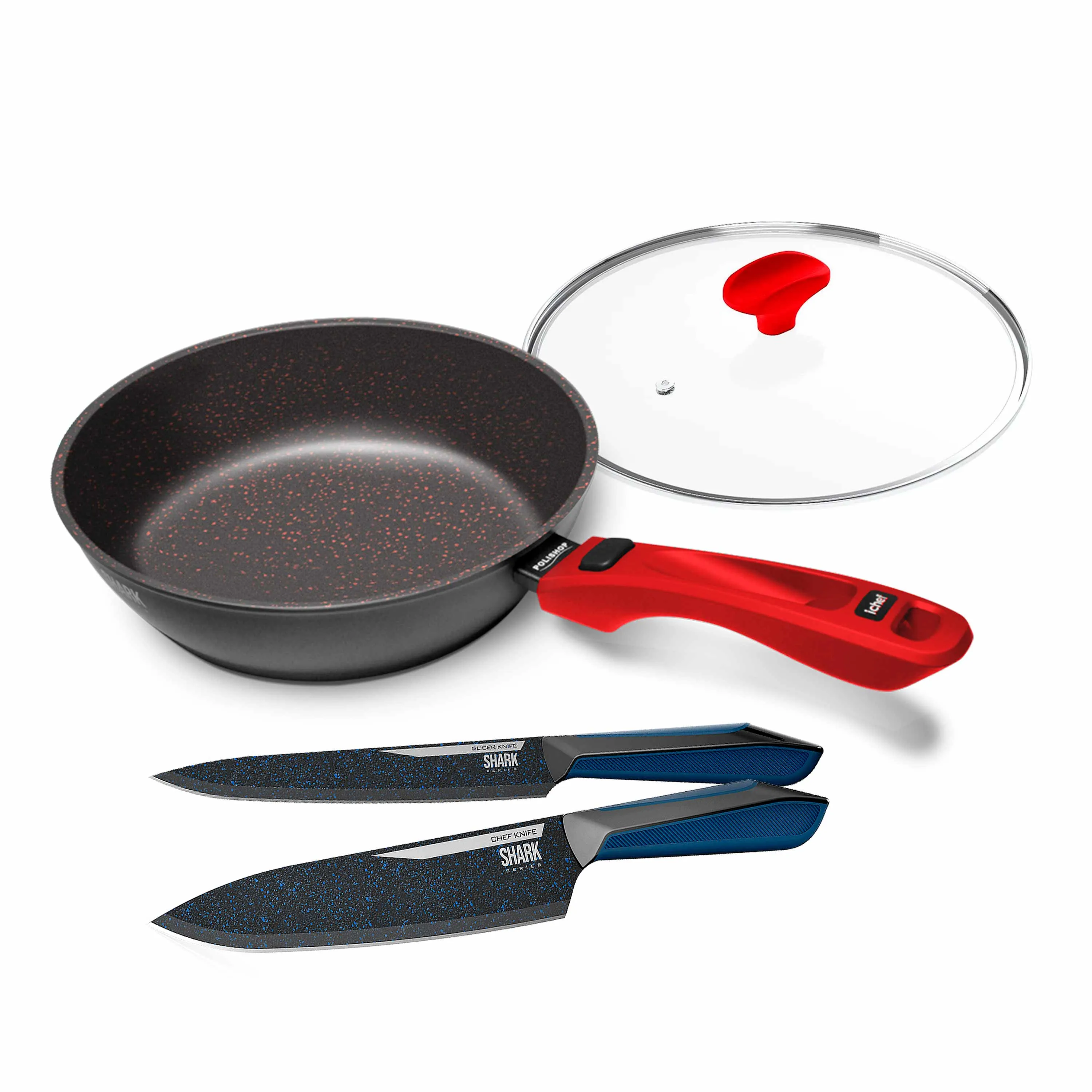 Panelas Ultra Day By Day 24cm Com Tampa De Vidro Vermelho E Kit Com 2 Facas Revestimento Ichef Blue
